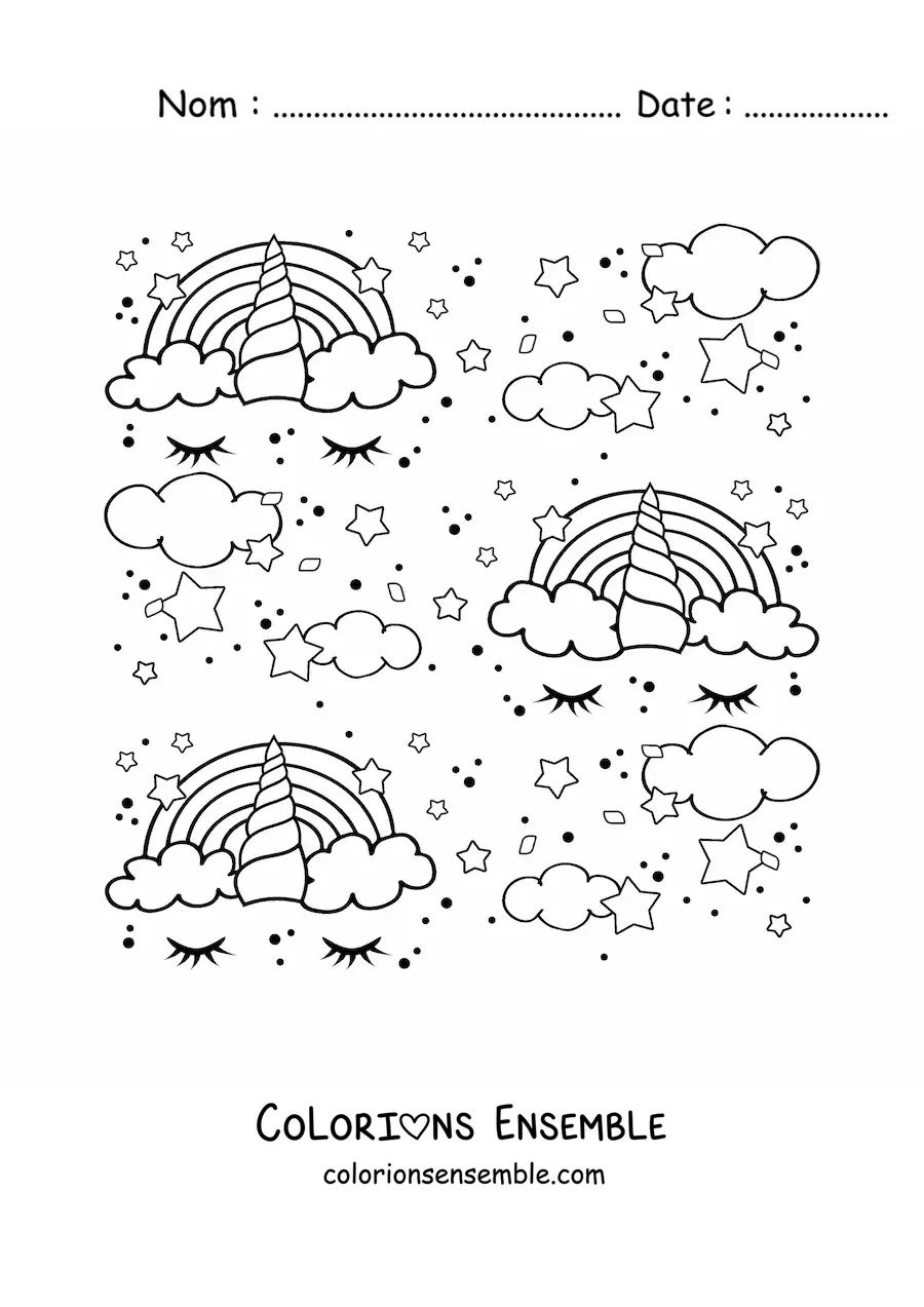 Image à colorier d’un motif d’arc-en-ciel en forme de licorne, avec des nuages et des étoiles