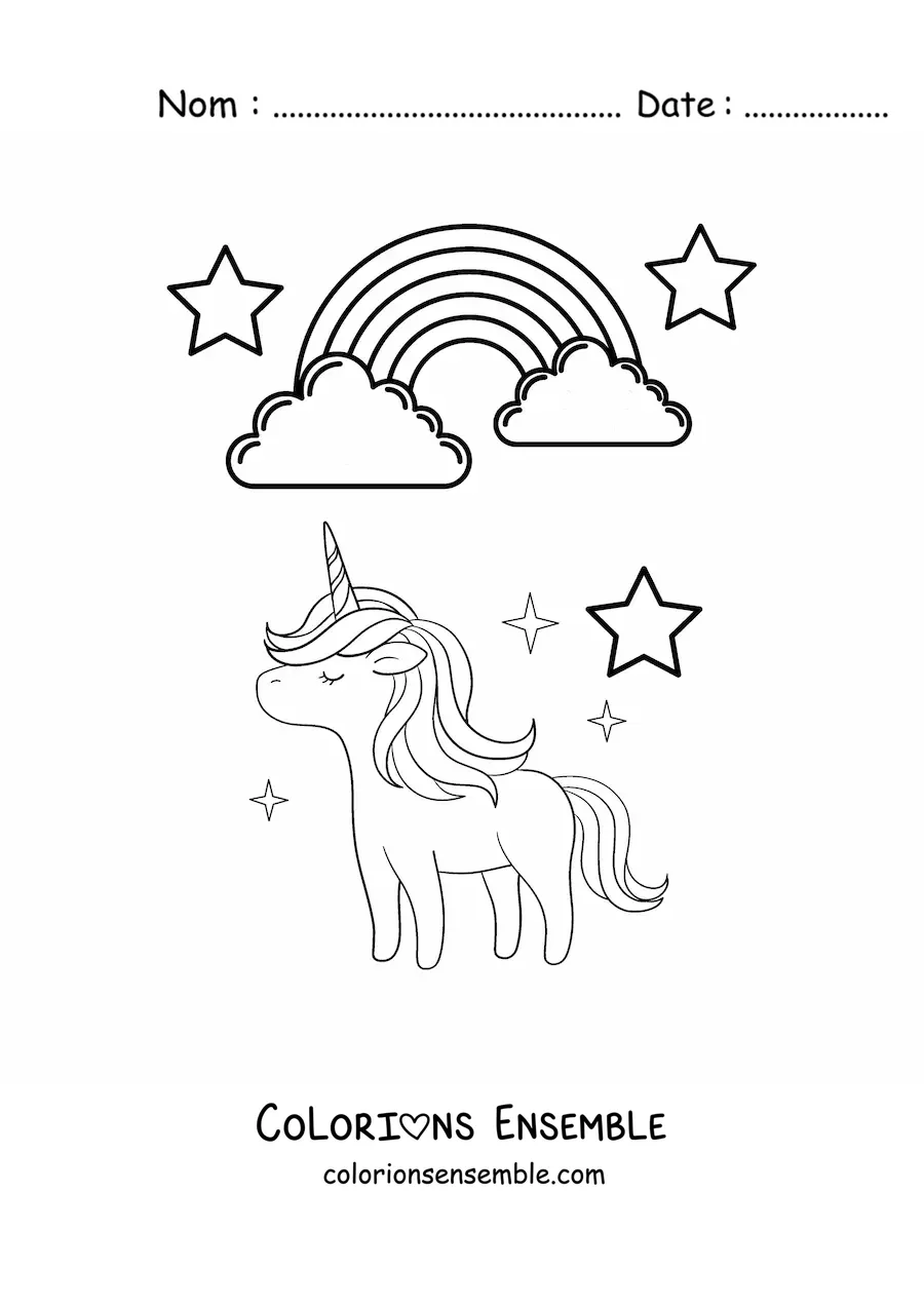 Image à colorier d’un arc-en-ciel avec une licorne et des étoiles