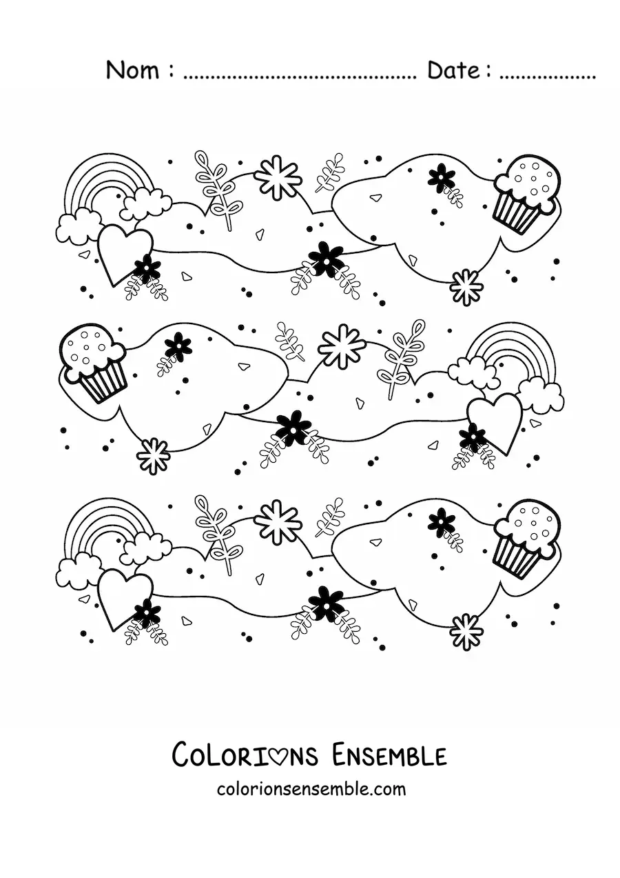 Coloriage d'un motif de jolis arcs-en-ciel avec des nuages, des cupcakes, des cœurs, des fleurs et des feuilles