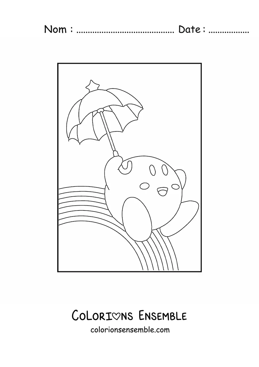 Image à colorier de Kirby avec une ombrelle sur un arc-en-ciel
