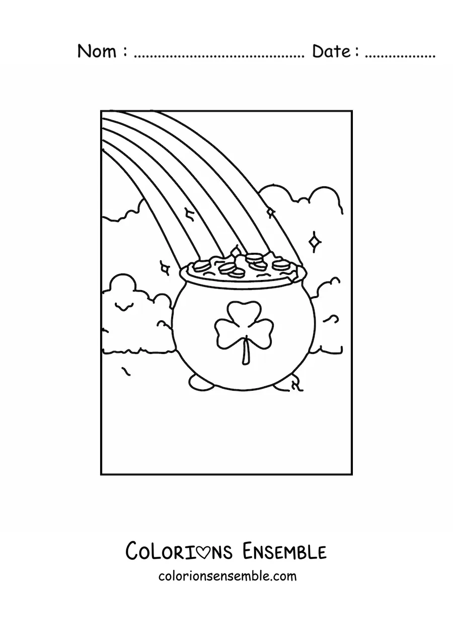 Image à colorier d’un pot d’or orné de trèfles au bout d’un arc-en-ciel