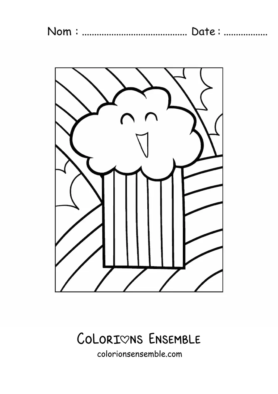 Image à colorier d’un joli nuage de dessin animé qui sourit avec un arc-en-ciel en arrière-plan