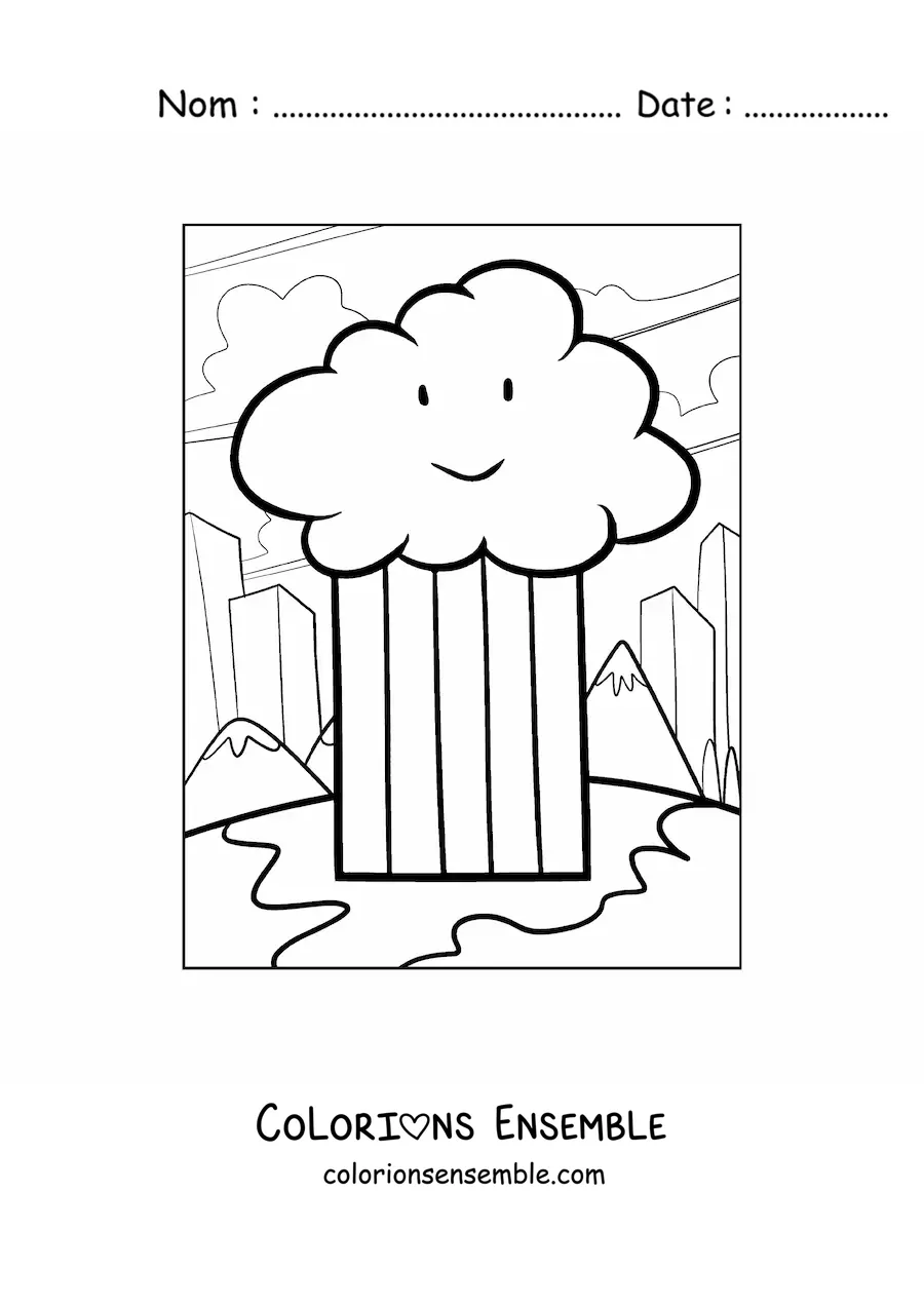 Image à colorier d’un nuage de dessin animé avec un arc-en-ciel, des montagnes et une ville en arrière-plan
