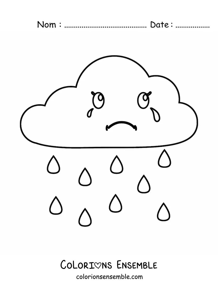 Image à colorier d’un nuage de dessin animé qui pleure avec de la pluie