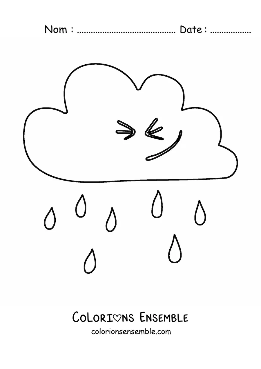 Image à colorier d’un nuage de dessin animé qui sourit avec de la pluie