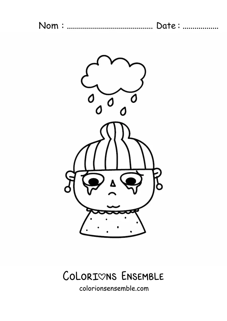 Image à colorier d’une fille qui pleure avec un nuage de pluie au-dessus de sa tête