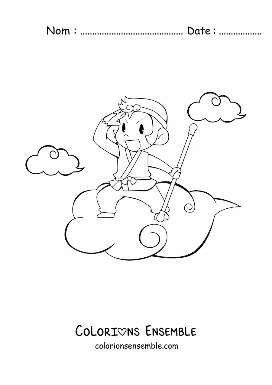 Image à colorier d’un singe de dessin animé qui voyage sur un nuage, avec des nuages en arrière-plan