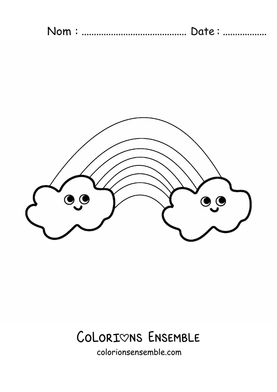 Image à colorier de nuages de dessin animé souriants avec un arc-en-ciel