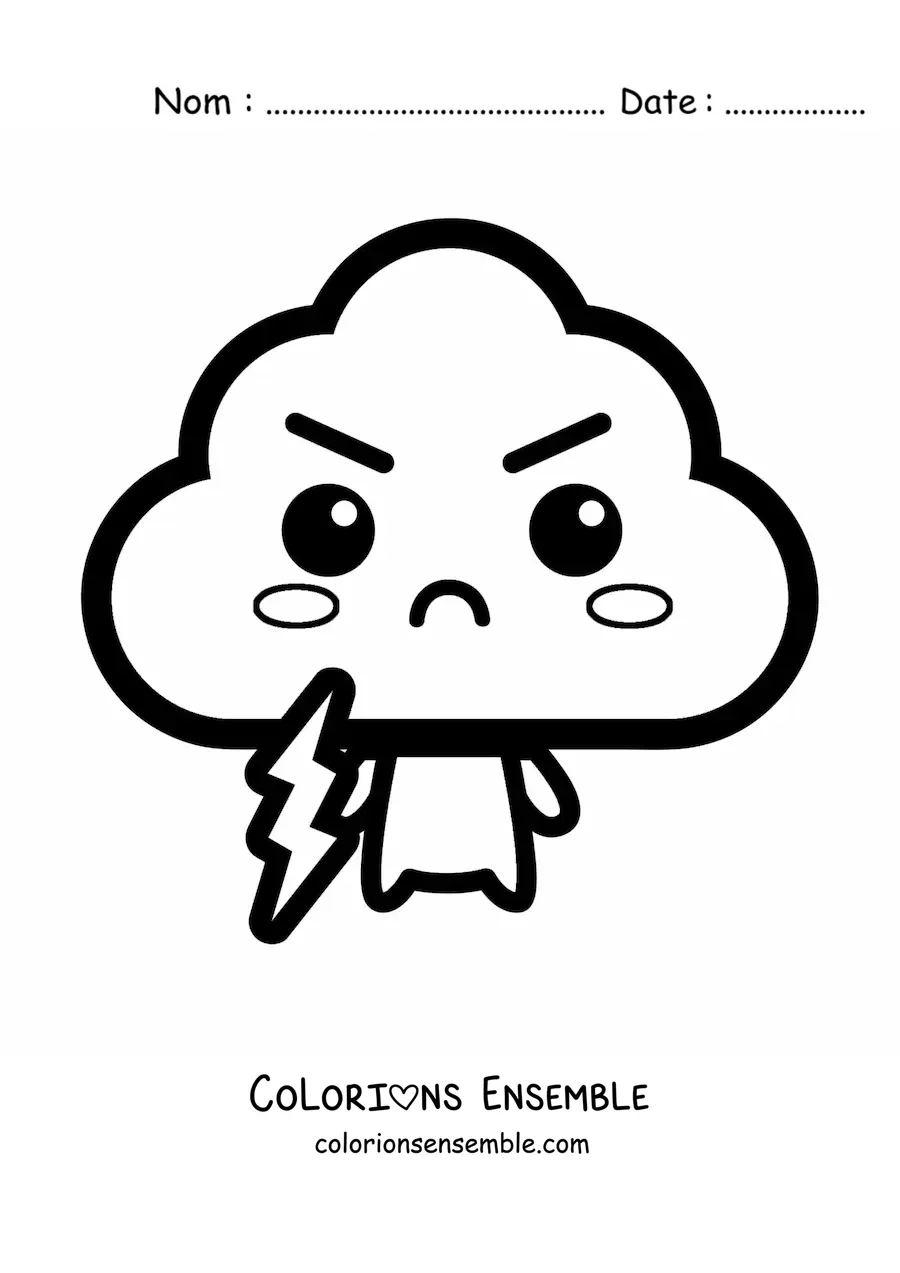 Image à colorier d’un nuage kawaii qui tient un éclair