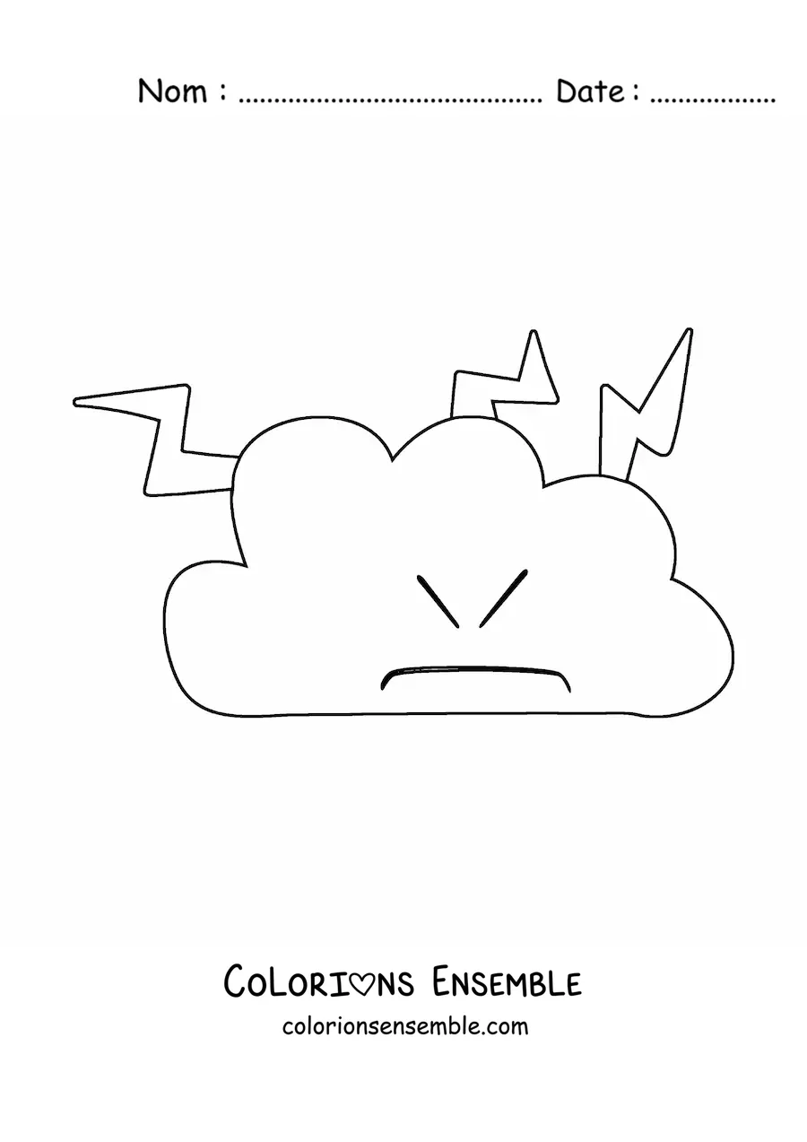 Image à colorier d’un nuage de dessin animé en colère avec des éclairs qui en sortent