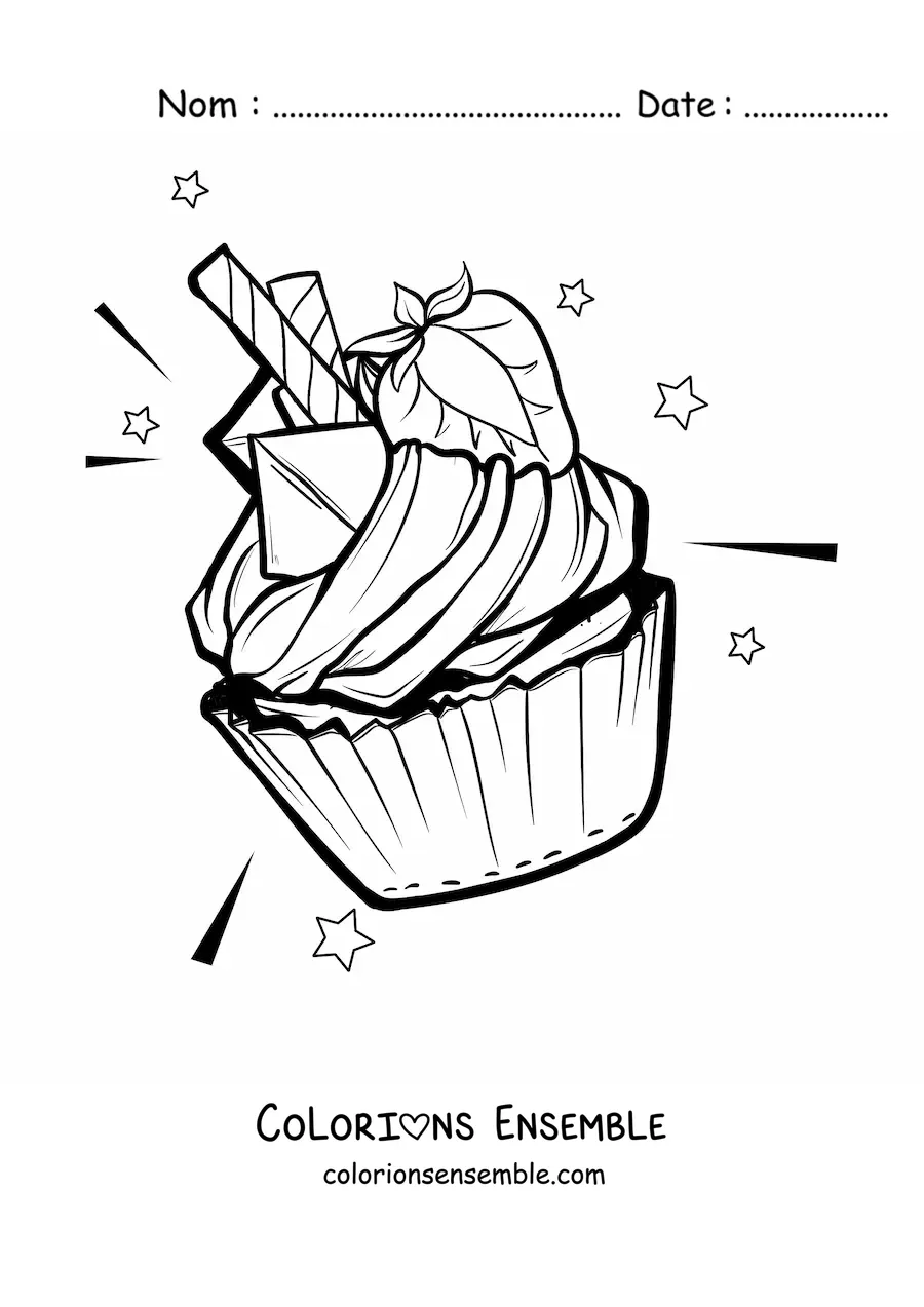 Image à colorier d'un cupcake décoré de crème et d'une fraise