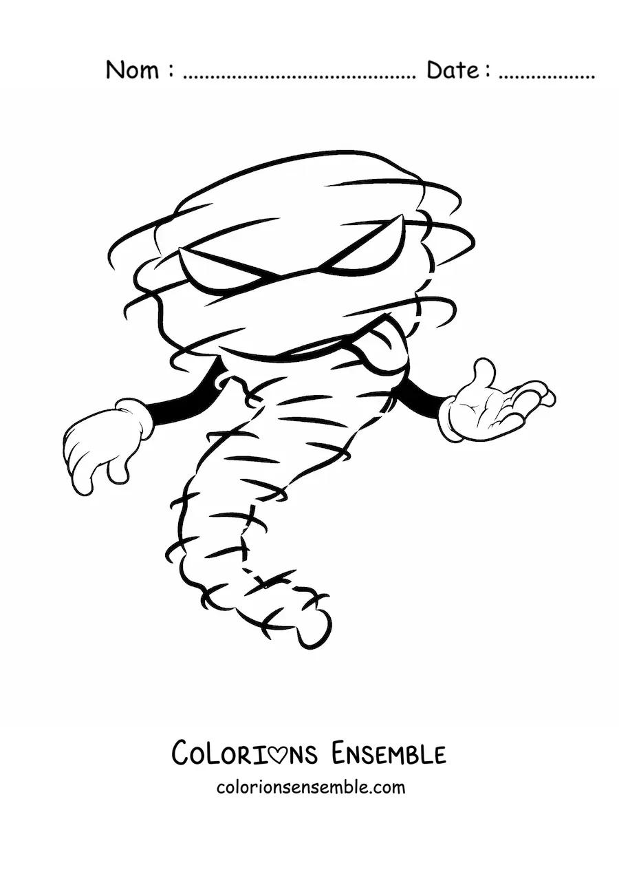 Image à colorier d’un ouragan de dessin animé méchant avec des mains