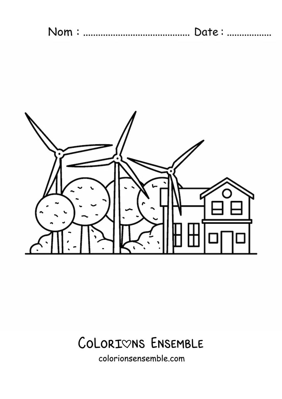 Image à colorier d’éoliennes qui fournissent de l’électricité à une maison, avec des arbres en arrière-plan