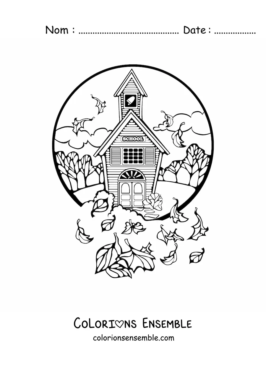 Image à colorier d’une école avec des arbres et des feuilles dans le vent