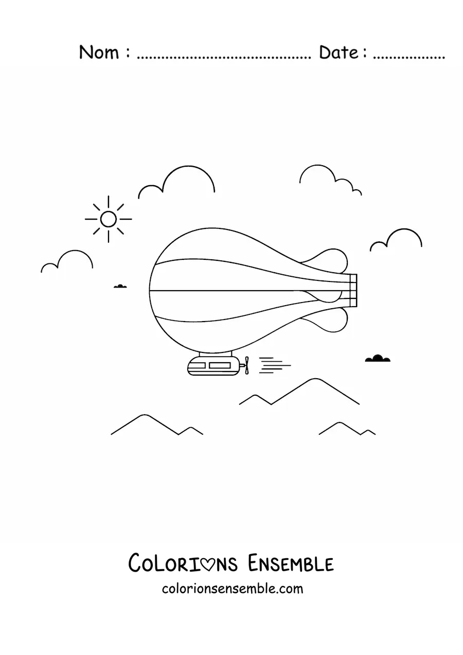 Image à colorier d’un dirigeable qui vole avec des nuages et des montagnes en arrière-plan
