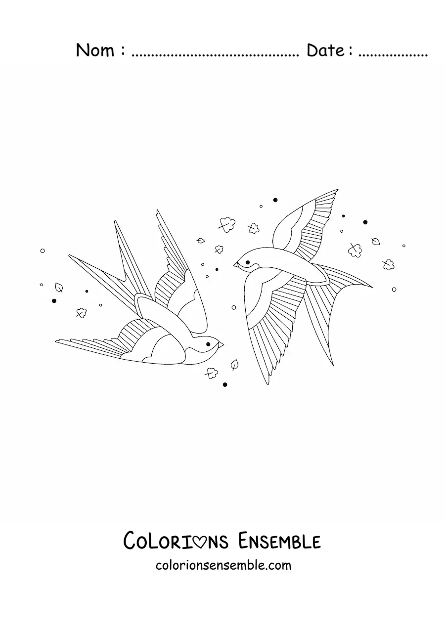 Image à colorier d’oiseaux qui volent avec des feuilles dans le vent en arrière-plan