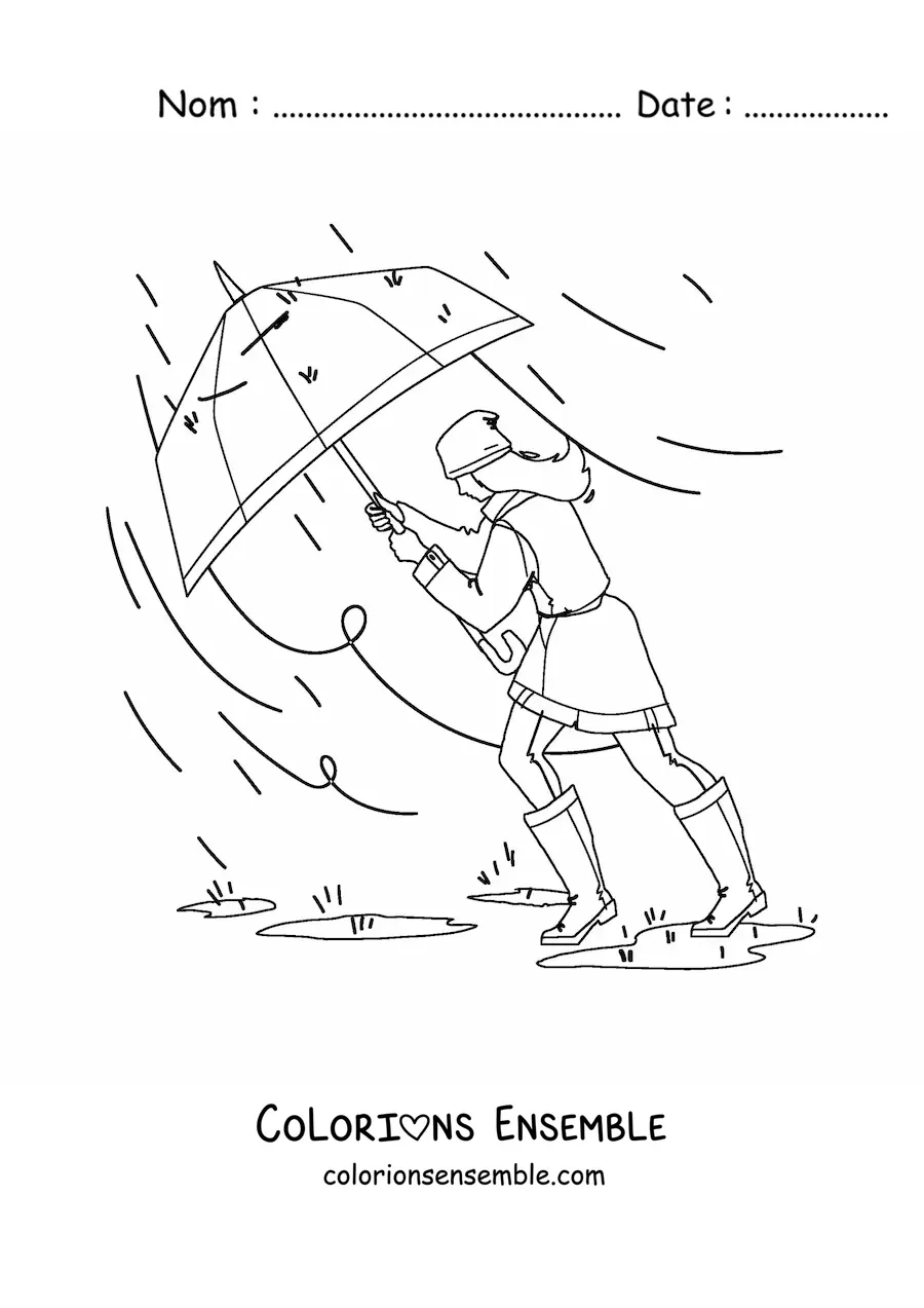 Image à colorier d’une fille avec un parapluie qui marche dans une forte tempête