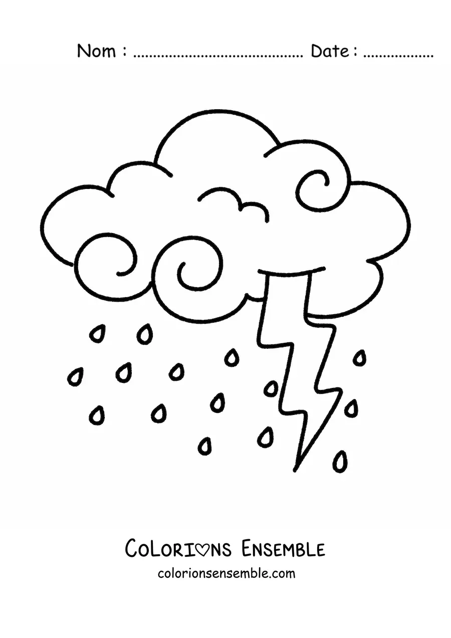 Image à colorier d’un nuage avec de la pluie et un éclair lors d’un orage avec des éclairs