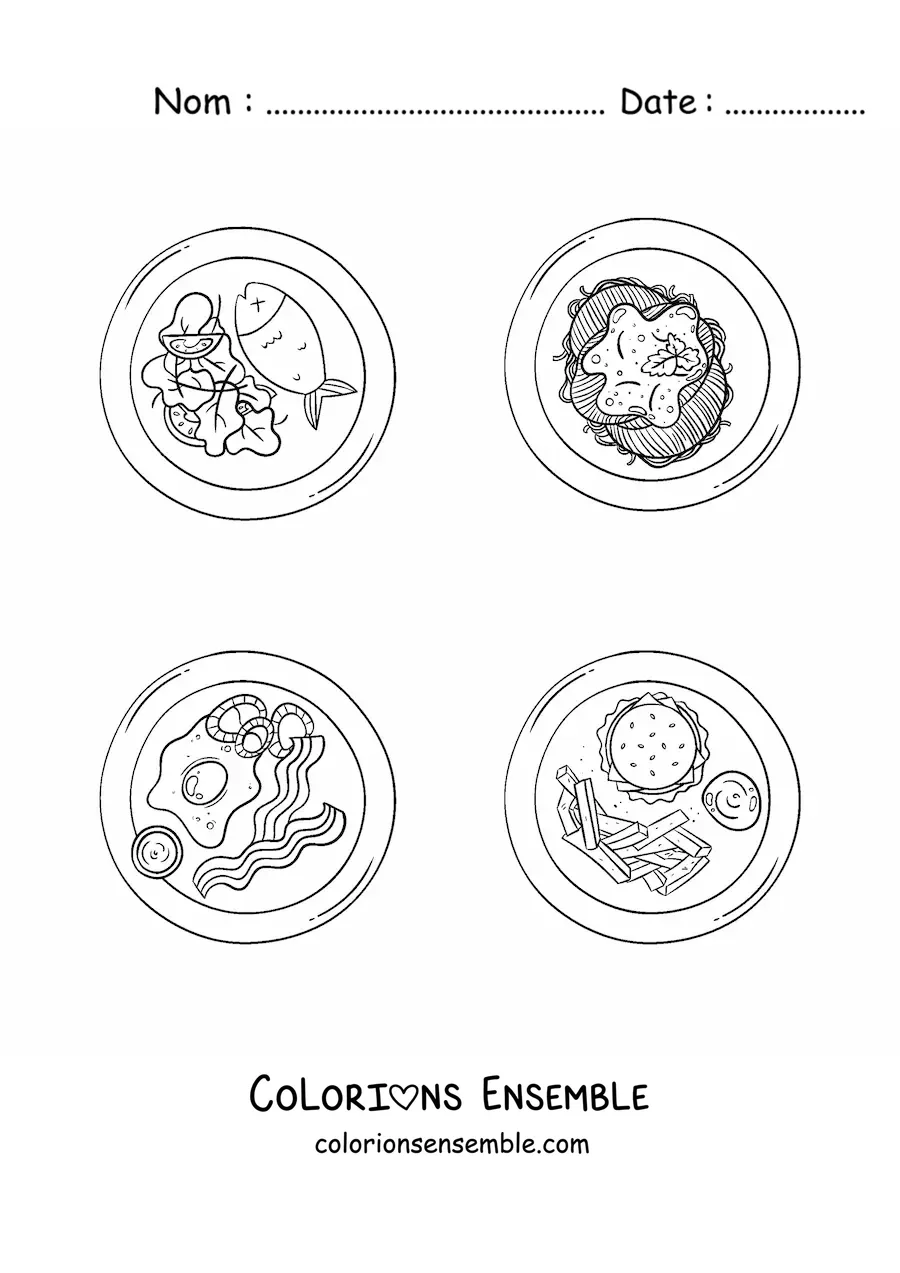 Image à colorier de plusieurs plats avec de la viande cuite
