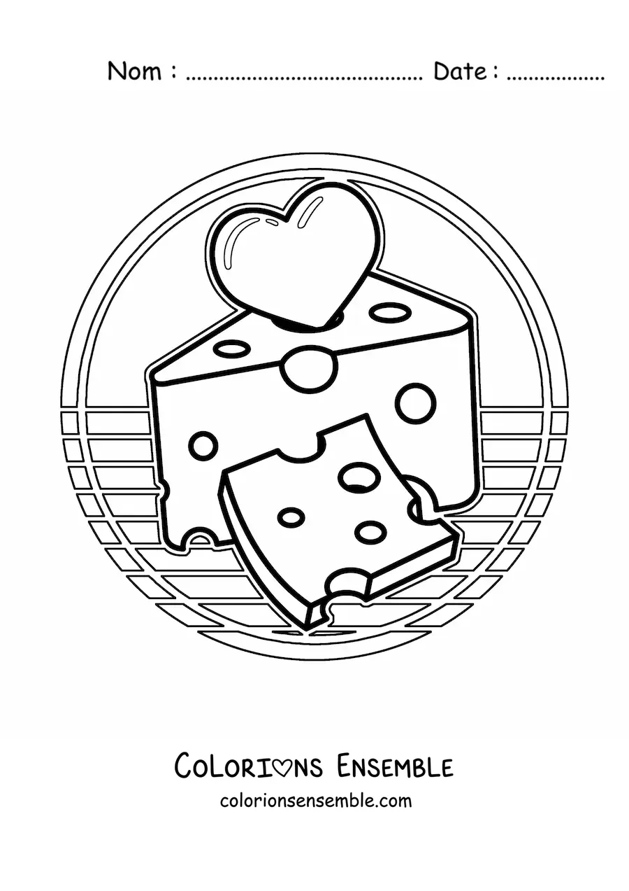 Image à colorier d’un morceau et d’une tranche de fromage avec un cœur