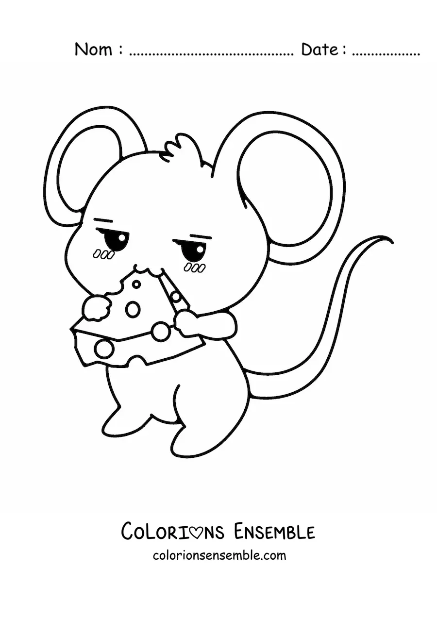Image à colorier d’une souris de dessin animé kawaii qui mange du fromage