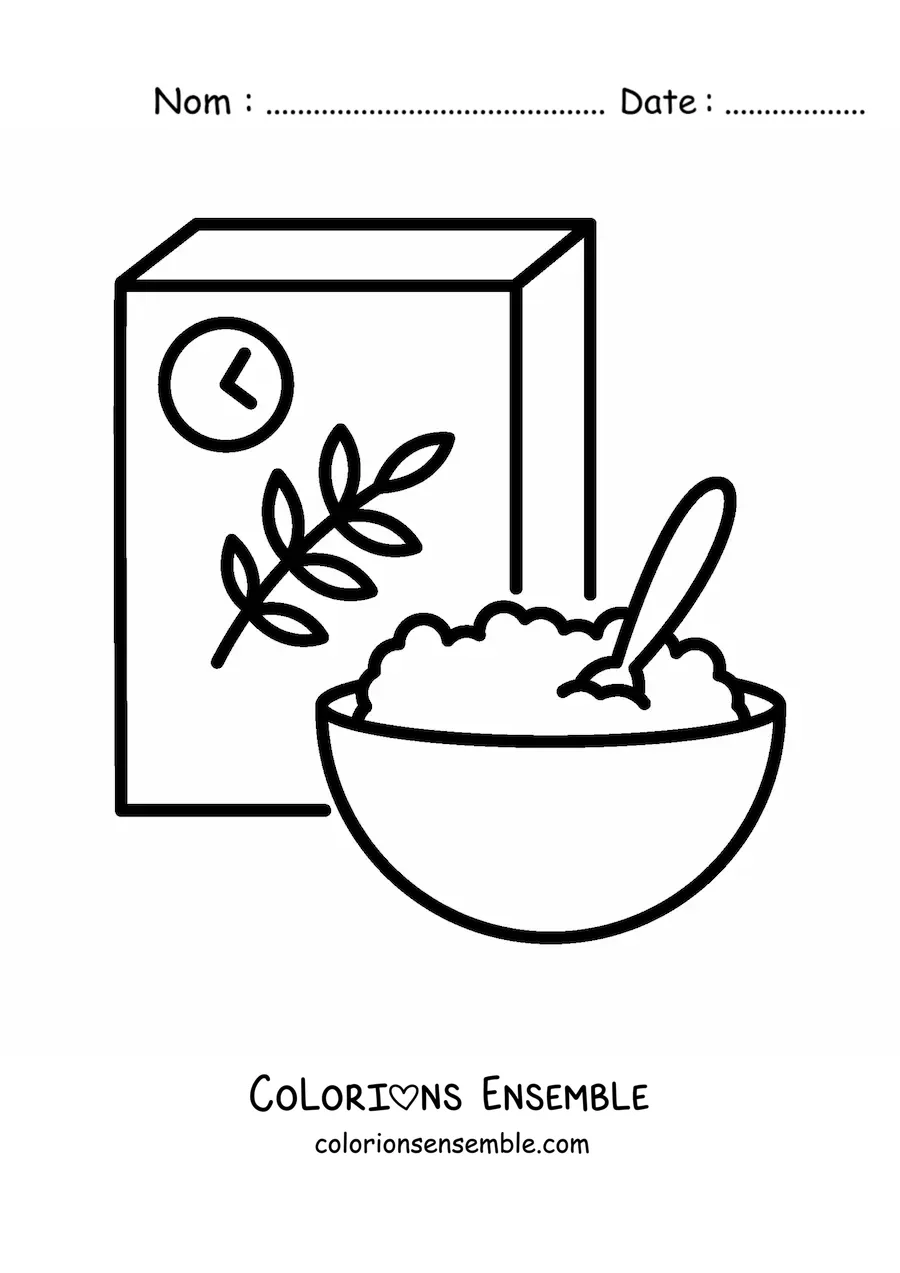 Image à colorier d’une boîte de céréales et de céréales dans un bol avec du lait