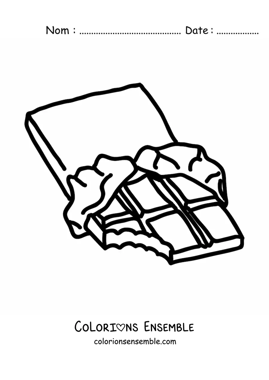 Image à colorier d'une barre de chocolat avec une bouchée croquée
