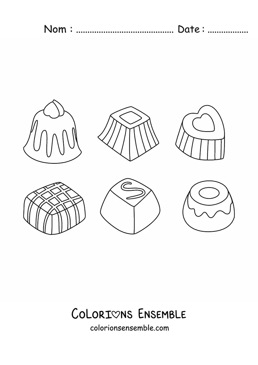 Image à colorier de plusieurs bonbons au chocolat