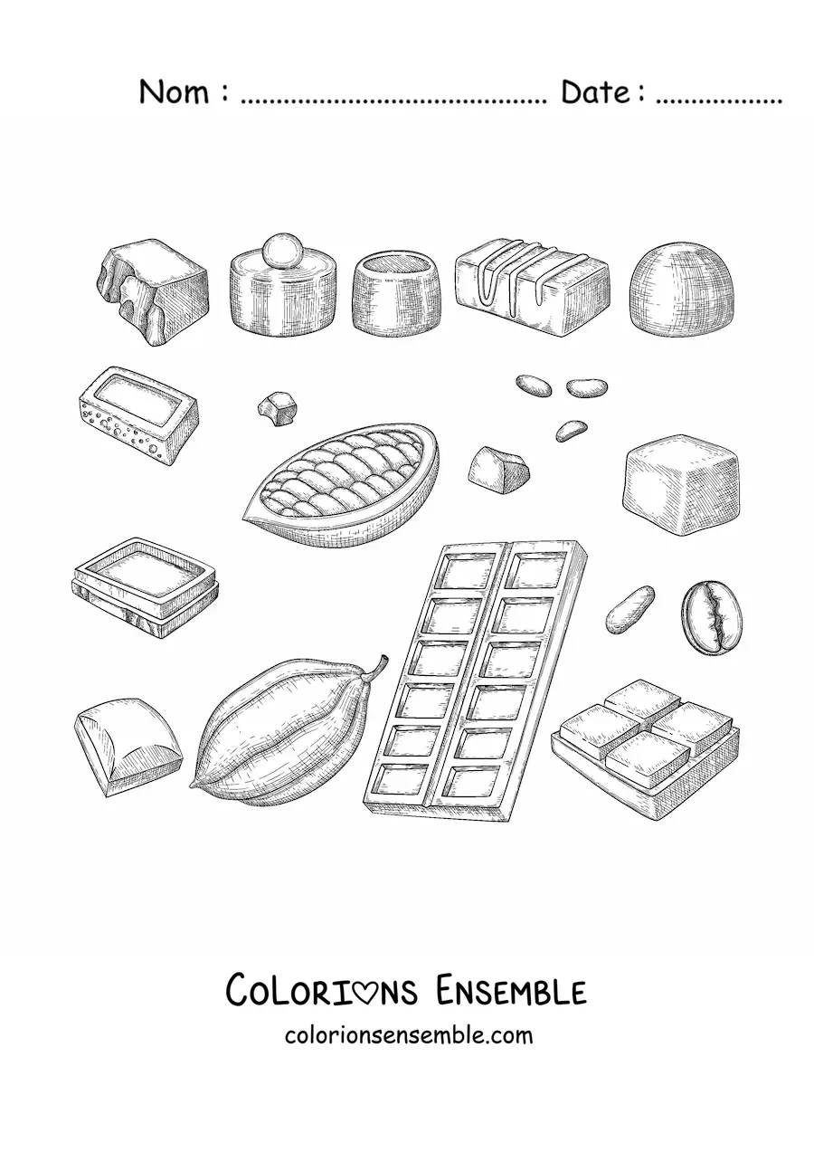Image à colorier de plusieurs morceaux de chocolat et de cacao