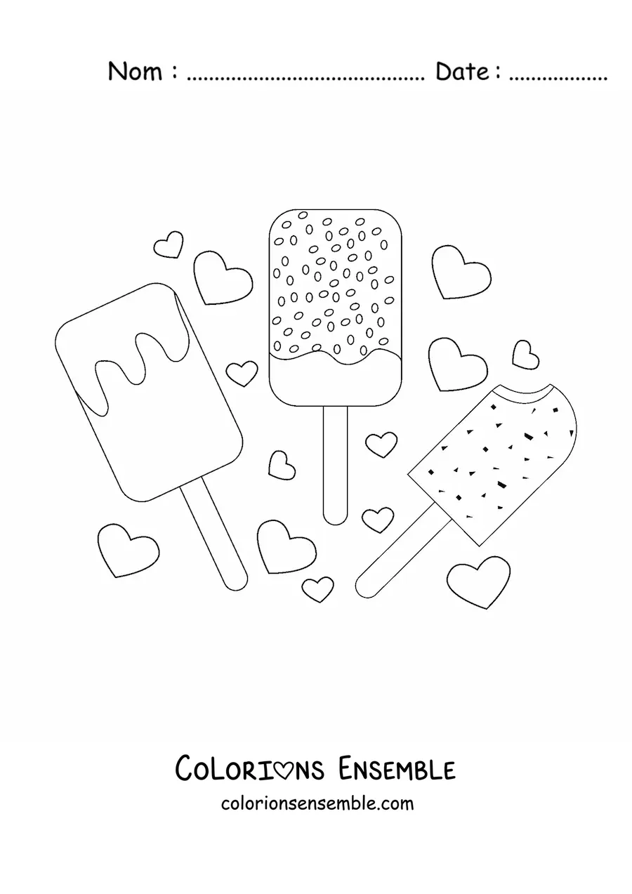 Image à colorier de trois glaces en bâton recouvertes de chocolat