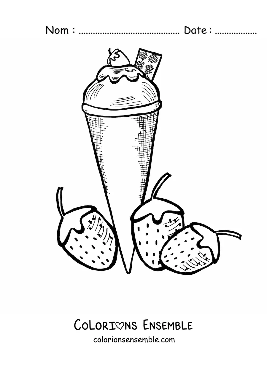 Image à colorier d'une glace en cornet à côté de deux fraises
