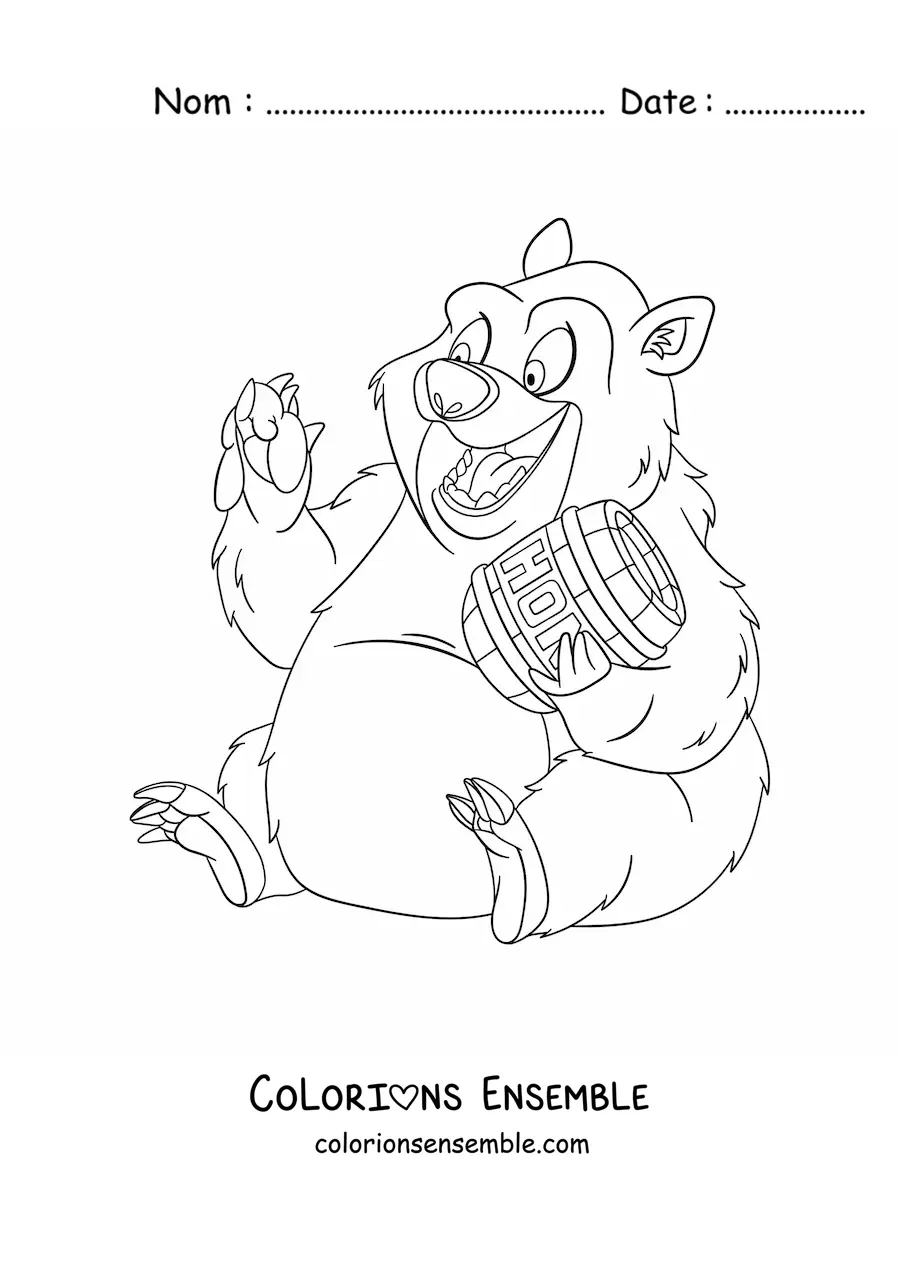 Image à colorier d'un ours animé en train de manger du miel