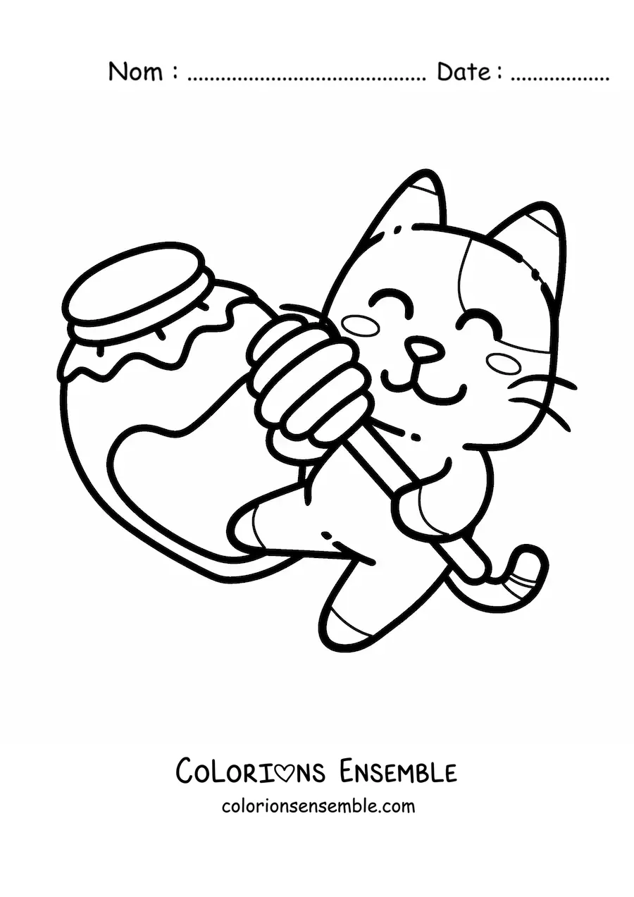 Image à colorier d'un chat animé avec un pot de miel