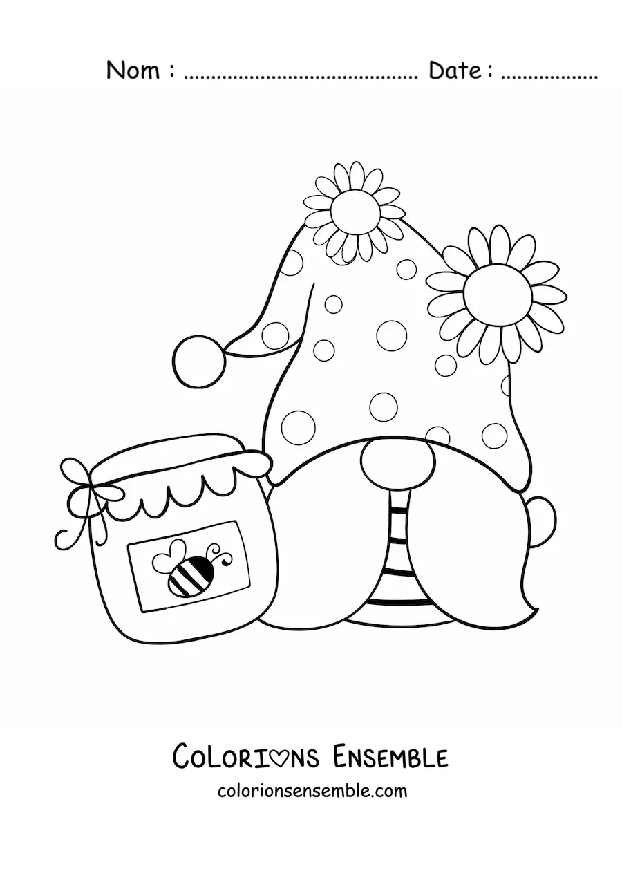 Image à colorier d'un gnome kawaii avec un pot de miel