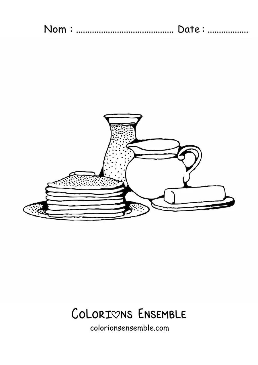 Image à colorier de plusieurs crêpes avec de la margarine et du lait