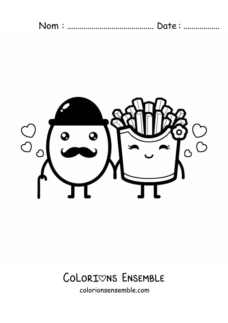 Image à colorier d'un couple formé par une pomme de terre à moustache et des frites animées