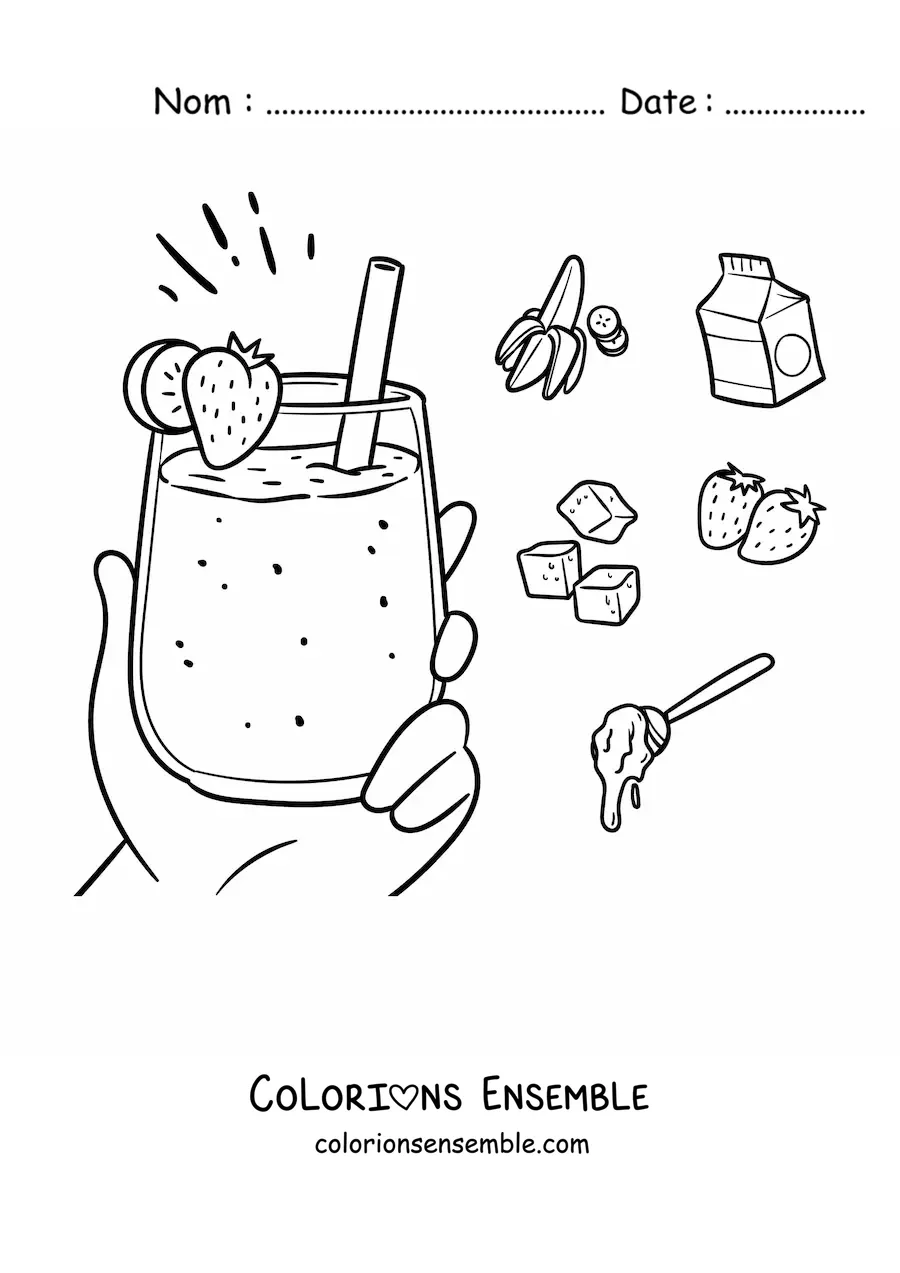 Image à colorier d'une main tenant un smoothie à la fraise entouré de ses ingrédients