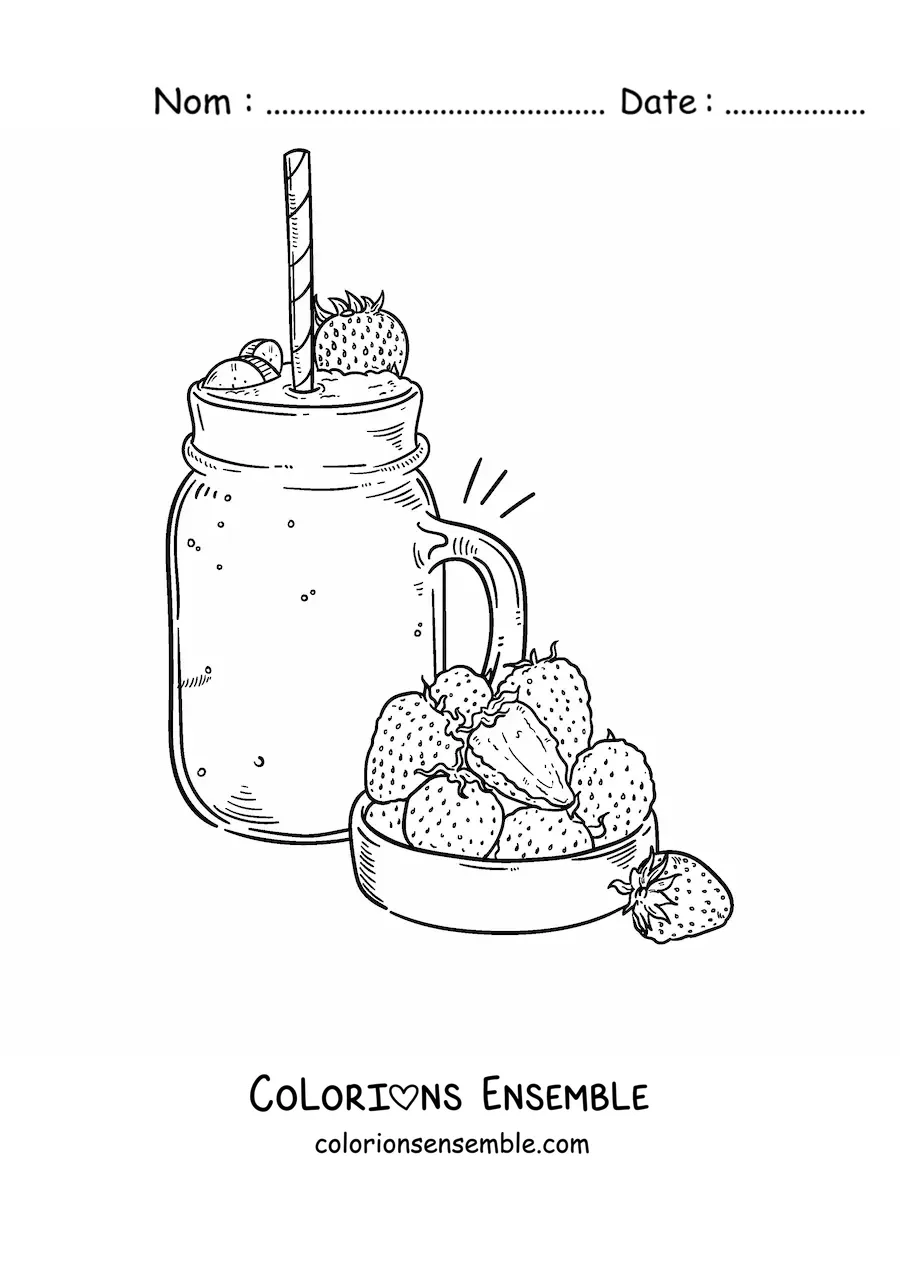 Image à colorier d'un pichet de milkshake à la fraise à côté de plusieurs fraises