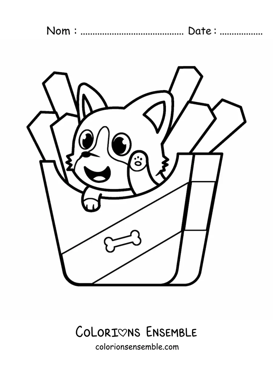 Image à colorier d'un chien kawaii animé installé dans un paquet de frites