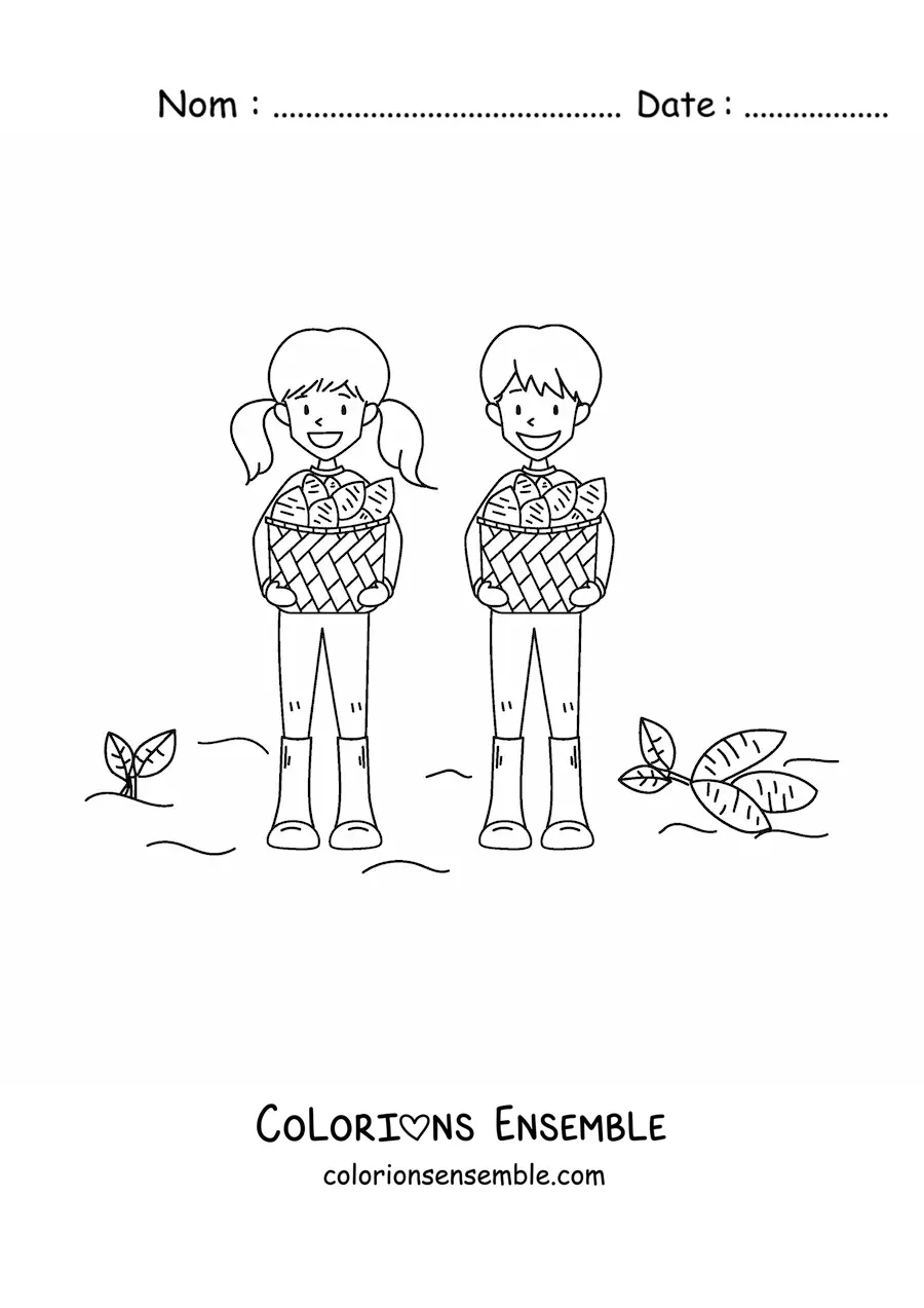 Image à colorier de deux enfants en train de récolter des pommes de terre
