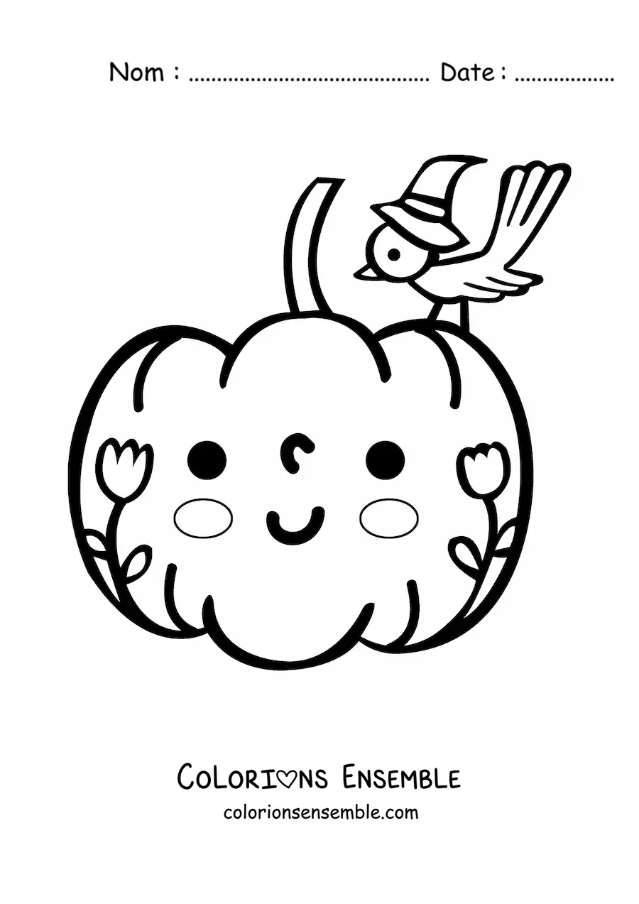 Image à colorier d'une citrouille kawaii avec des fleurs et un oiseau