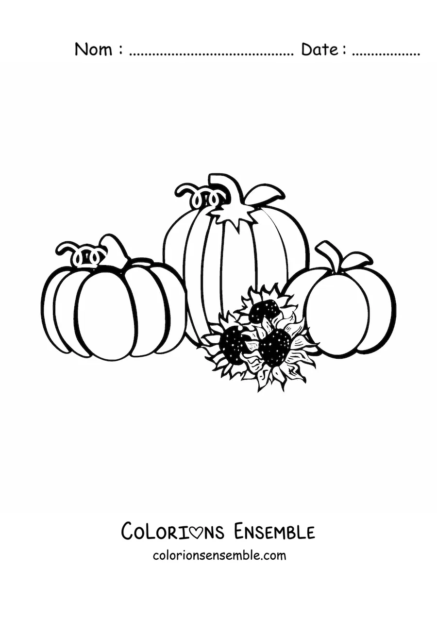 Image à colorier de trois citrouilles à côté de trois tournesols