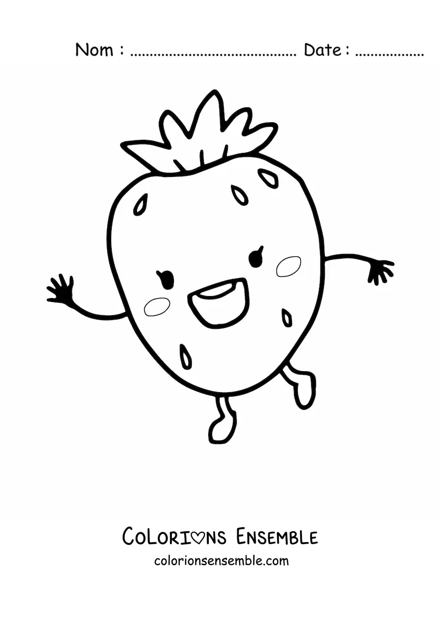 Image à colorier d'une fraise kawaii rigolote qui salue joyeusement