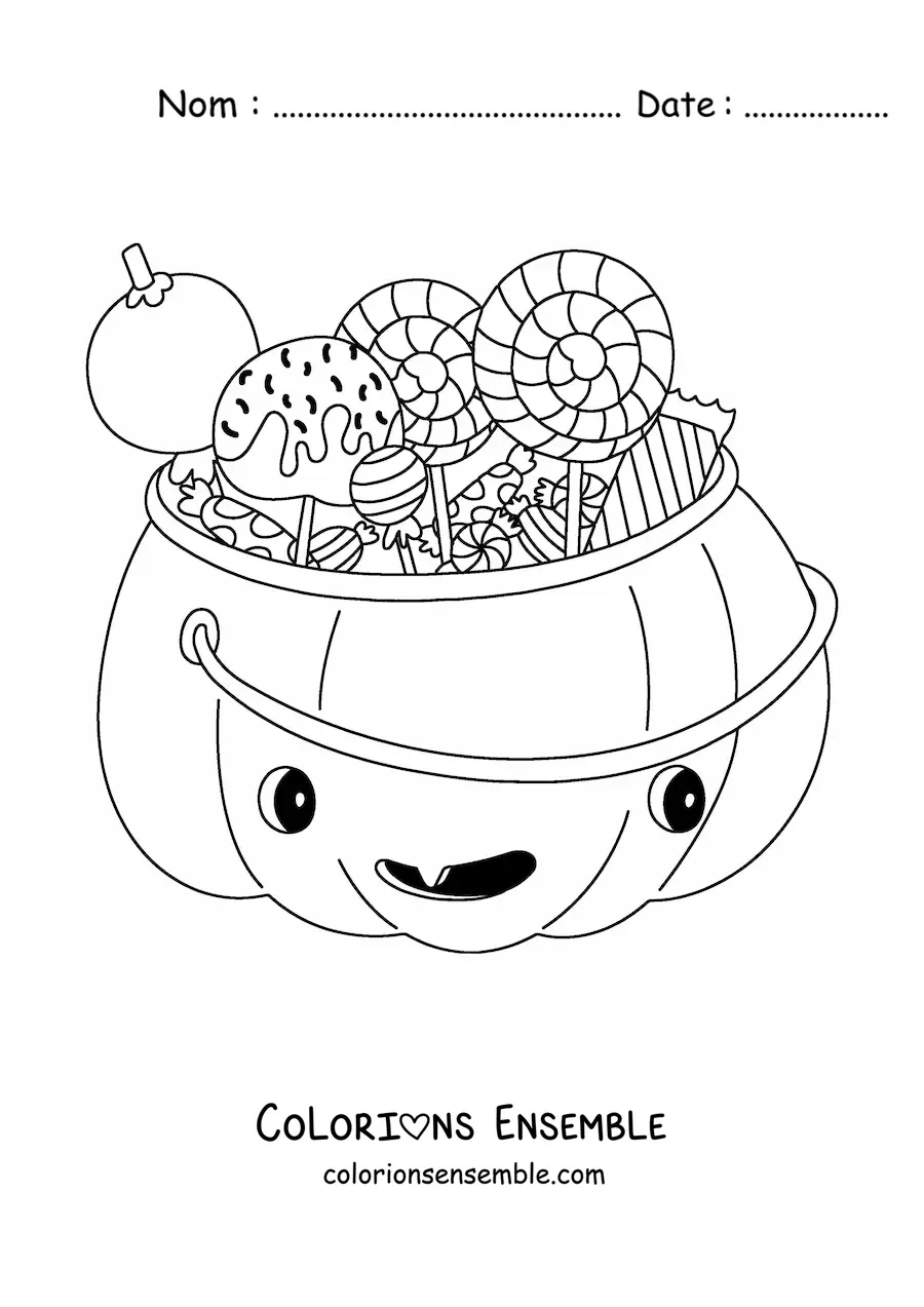 Image à colorier d'une citrouille animée avec des bonbons