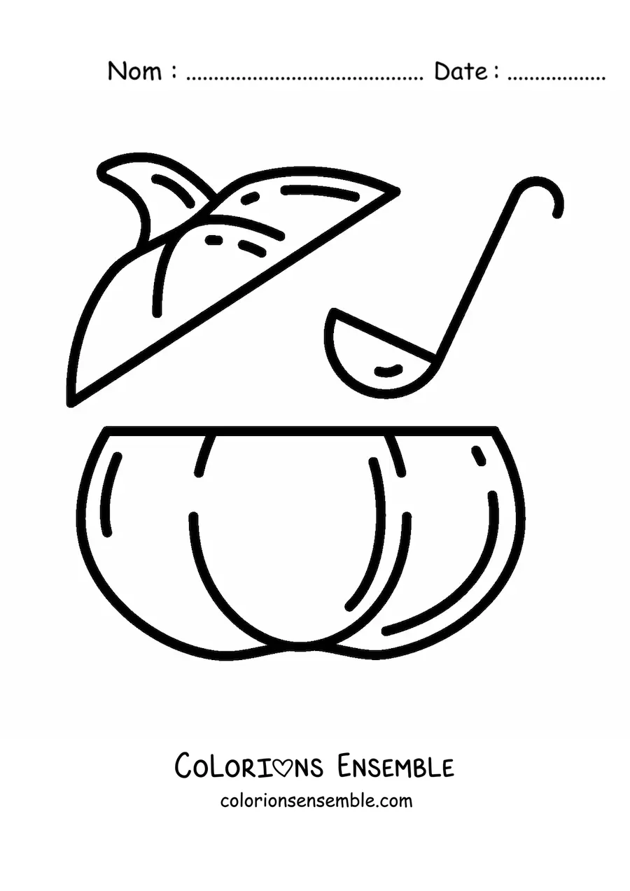 Image à colorier d'une louche qui sert de la soupe depuis l'intérieur d'une citrouille