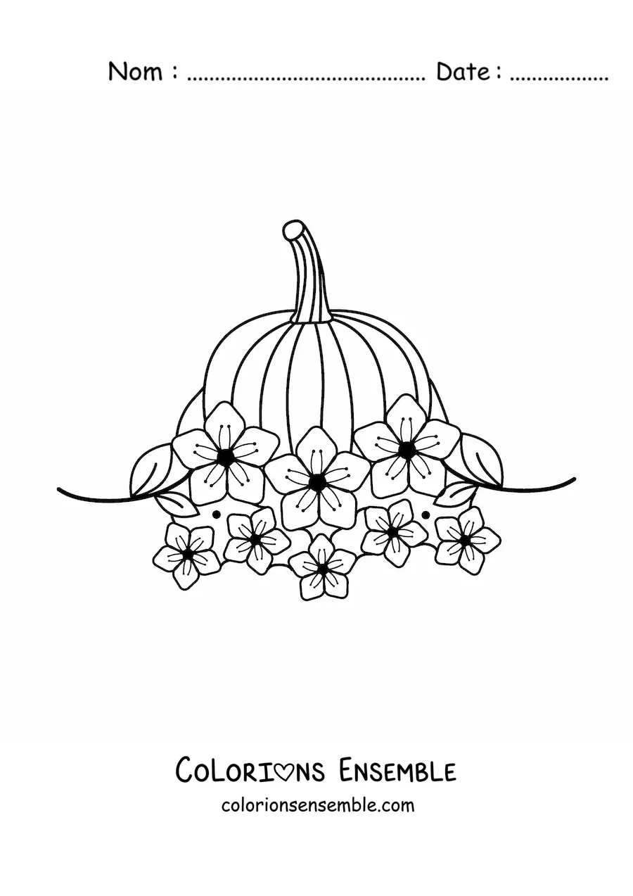 Image à colorier d'une citrouille entourée de fleurs