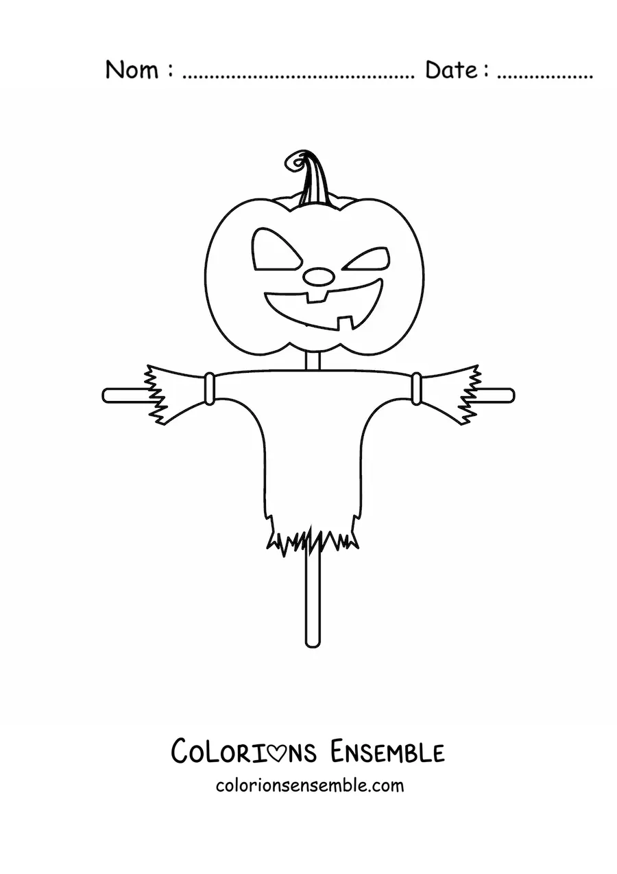 Image à colorier d'un épouvantail avec une tête de citrouille terrifiante