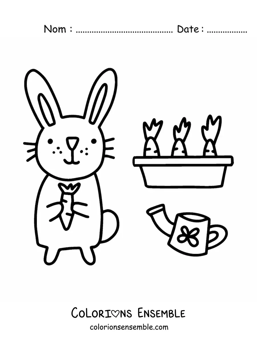 Image à colorier d'un lapin kawaii à côté d'un potager de carottes