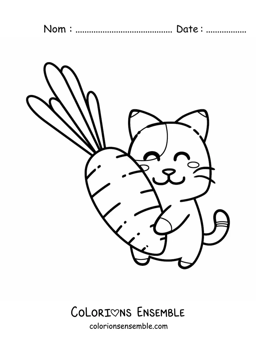 Image à colorier d'un chat kawaii animé qui serre une carotte dans ses bras