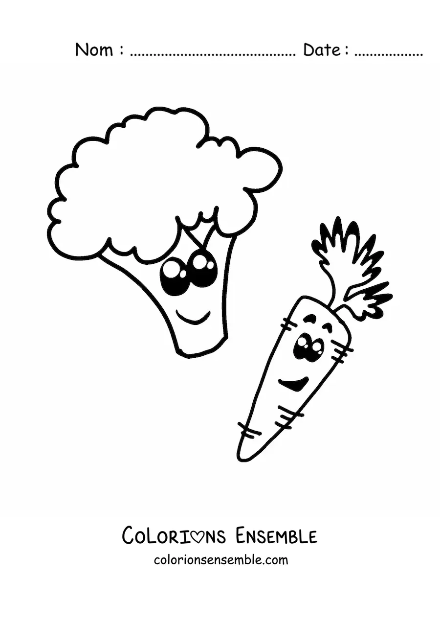 Image à colorier d'une carotte animée à côté d'un brocoli animé
